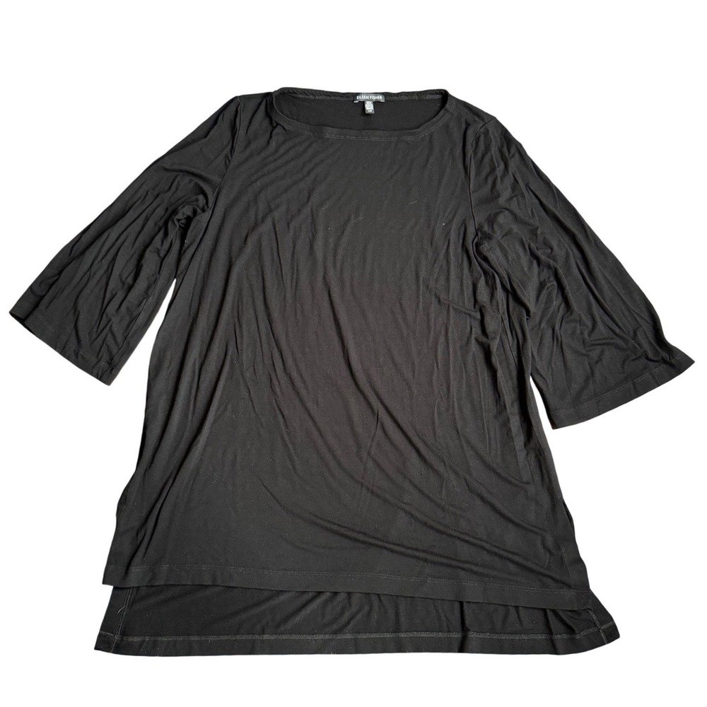 Eileen Fisher Black Viscose Spandex Knit Boat Neck Tunic Top Large F18VF